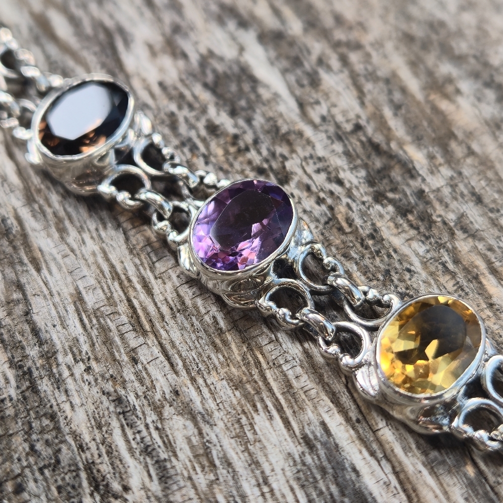 Nicky Butler 925 Sterling Silver Designer Amethyst Citrine Bracelet Smoky Quartz